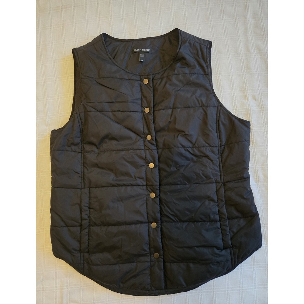 Eileen Fisher Black Quilted Puffer Vest Womens S Lightweight Nylon Snap Front